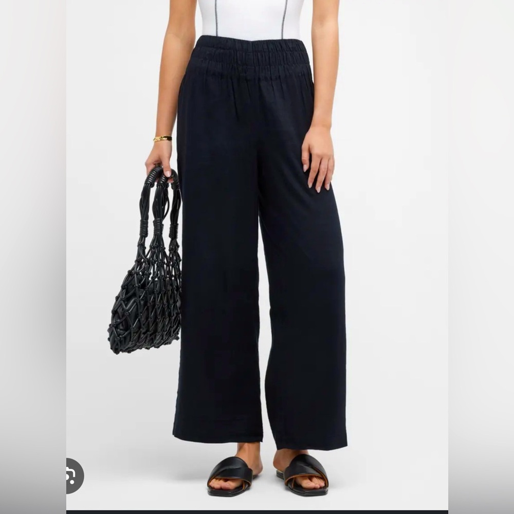 Onia | Black Shirred Linen Blend Wide Leg Pants | Size M